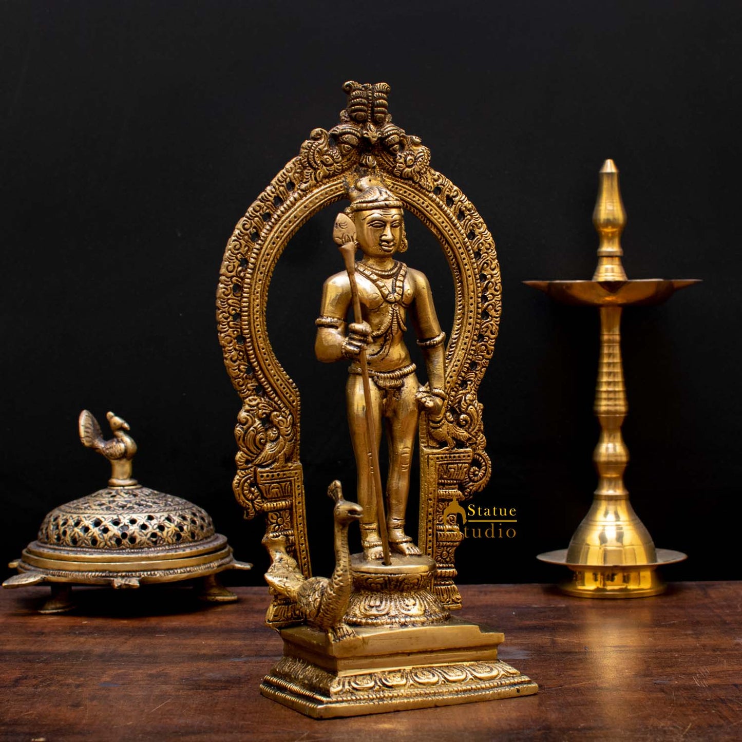 South Indian Hindu God Lord Karthikeya Murugan Vintage Idol Statue 10"