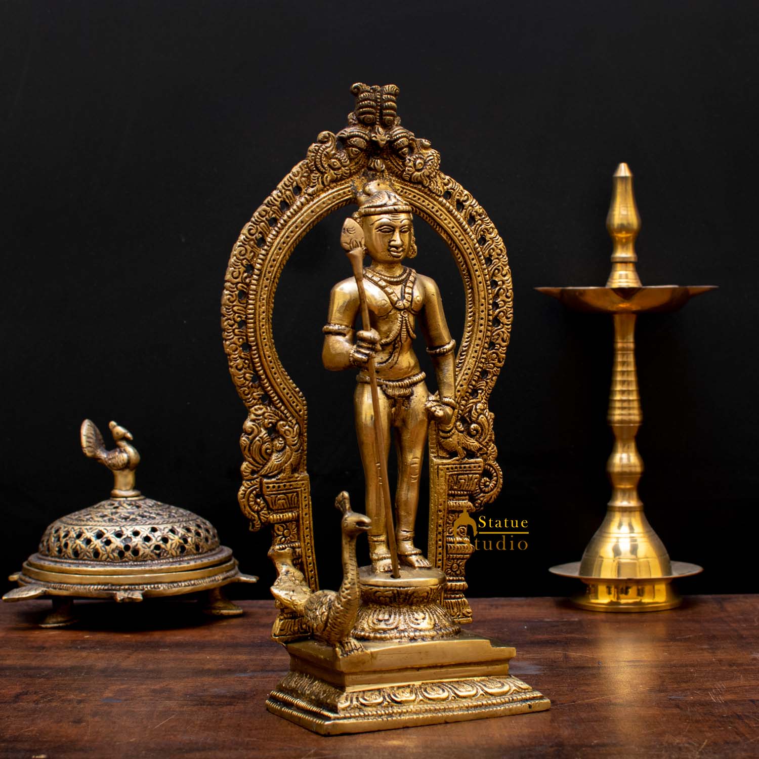 South Indian Hindu God Lord Karthikeya Murugan Vintage Idol Statue 10" - Image 2
