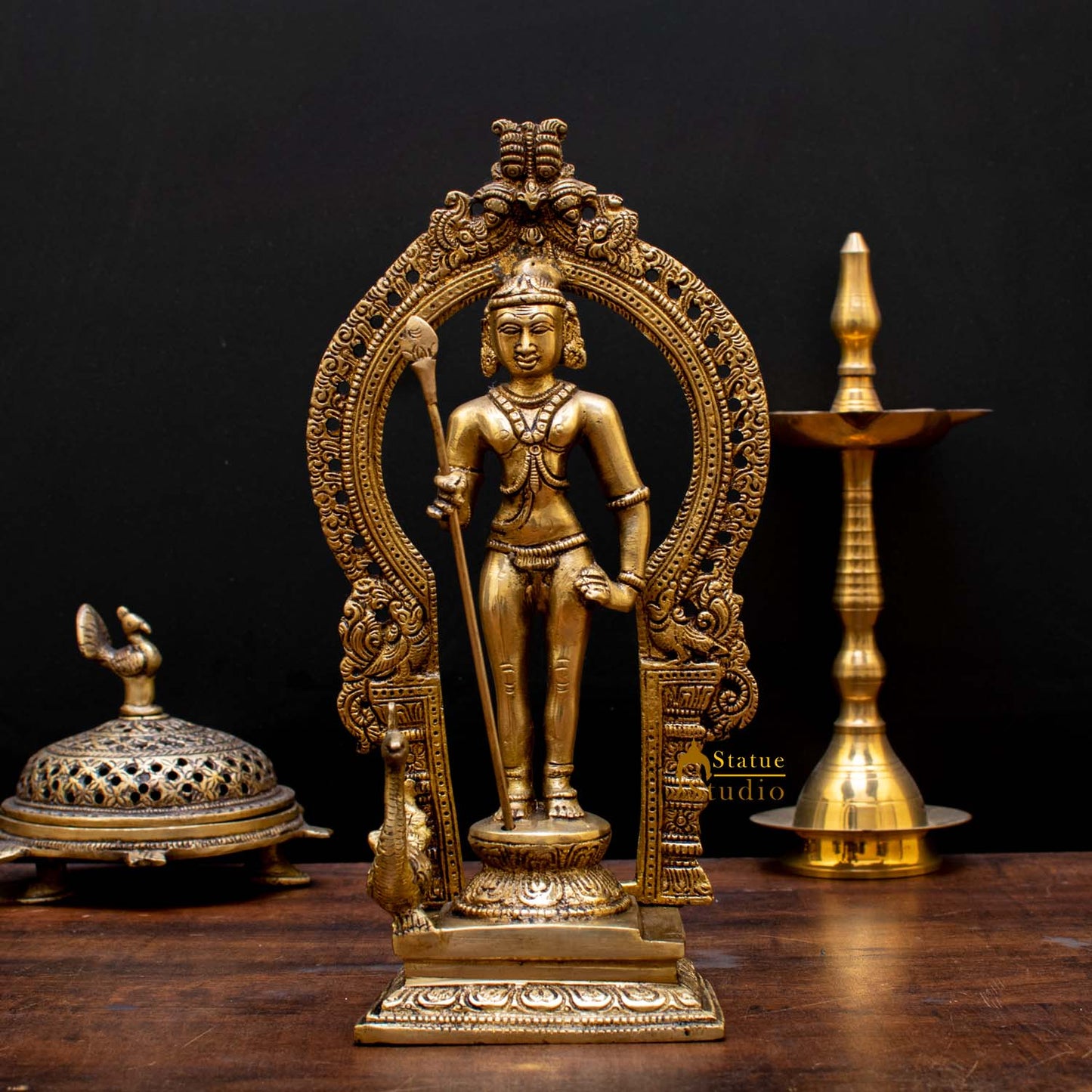 South Indian Hindu God Lord Karthikeya Murugan Vintage Idol Statue 10"