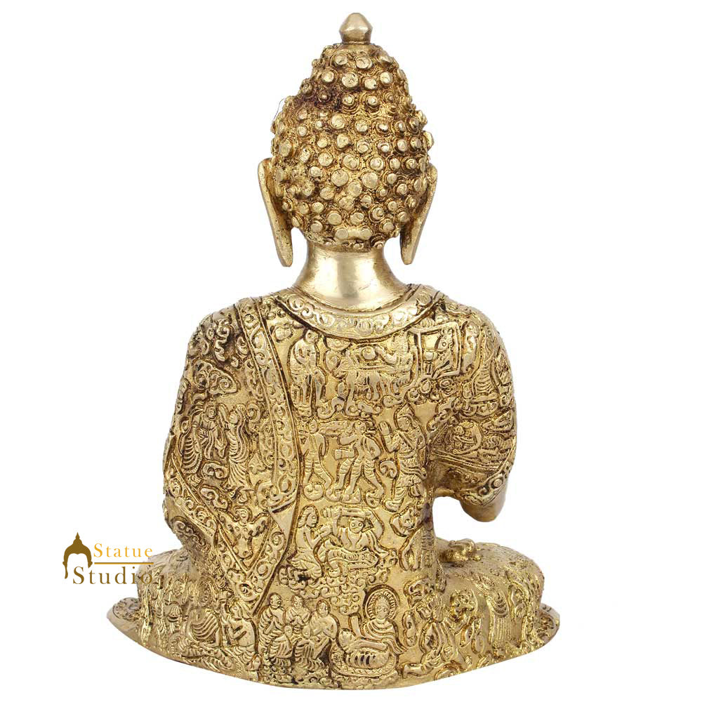 Indian Brass Life Story Engraved Buddha Antique Décor Statue Gift Showpiece 10"