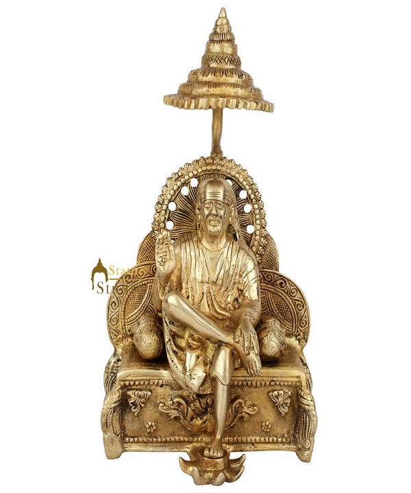 Brass Shirdi Hindu Lord Sai Baba With Chattar Fine Home Temple Décor Statue 12" - Image 2