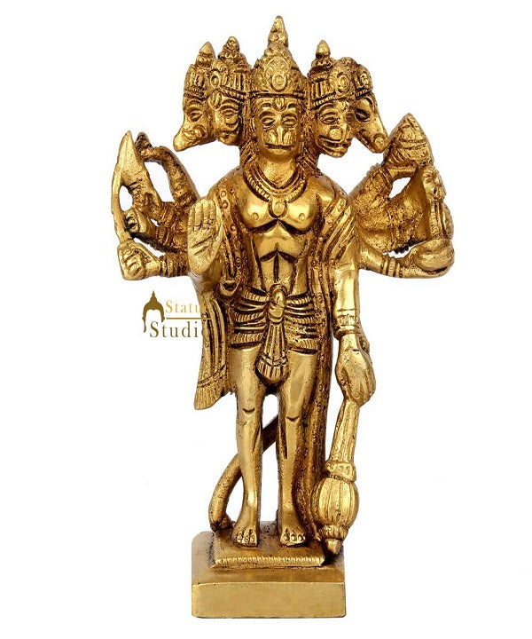 Brass Miniature Standing Panchmukhi Hanuman Idol For Home Temple Decor 5" - Image 2