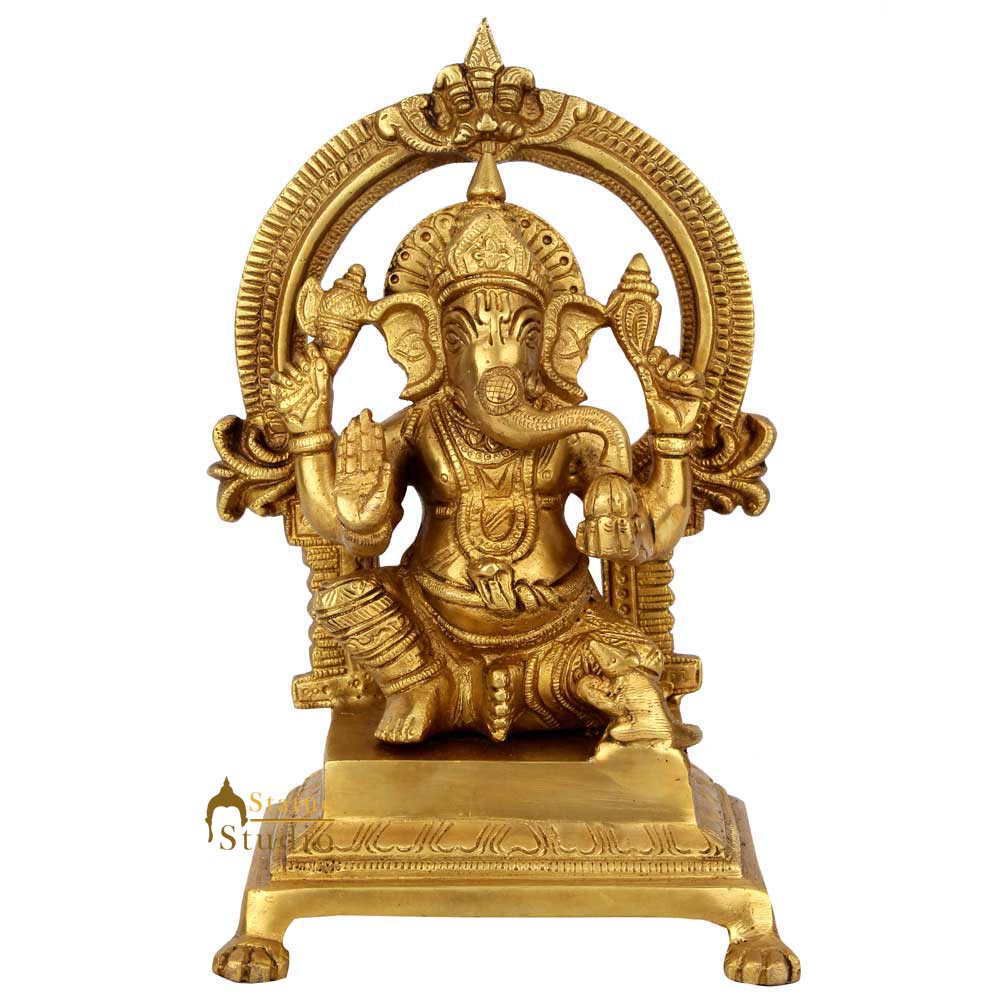 Antique Brass Handmade Lord Ganpat Ganesh Idol Temple Décor Lucky Gift Statue 9" - Image 2