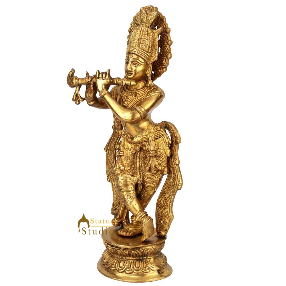 Indian Brass Hindu Lord Krishna Fluting Idol Fine Gift Décor Statue Figurine 13"