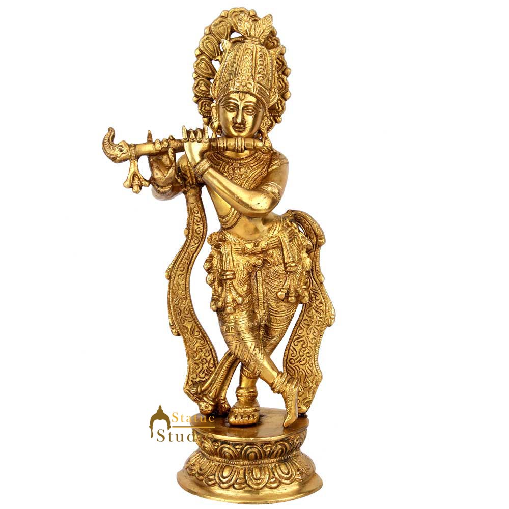 Indian Brass Hindu Lord Krishna Fluting Idol Fine Gift Décor Statue Figurine 13" - Image 3