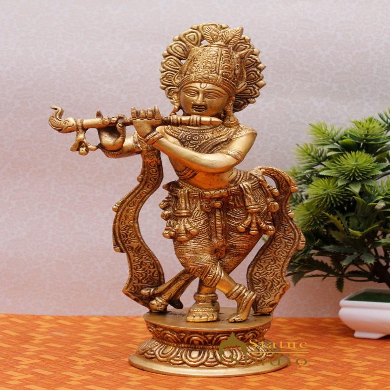 Indian Brass Hindu Lord Krishna Fluting Idol Fine Gift Décor Statue Figurine 13" - Eco-friendly - Sama Homes