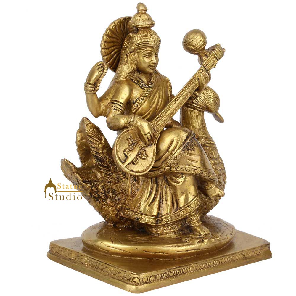 Indian Brass Hindu Wisdom Goddess Saraswati Idol On Swan Lucky Décor Statue 8" - Image 3