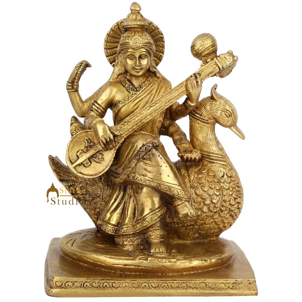 Indian Brass Hindu Wisdom Goddess Saraswati Idol On Swan Lucky Décor Statue 8" - Image 2