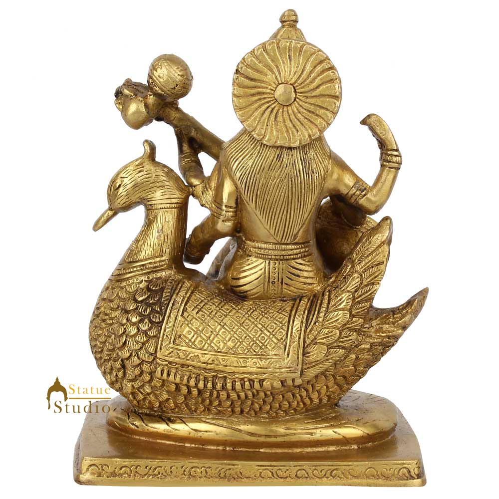 Indian Brass Hindu Wisdom Goddess Saraswati Idol On Swan Lucky Décor Statue 8" - Image 4