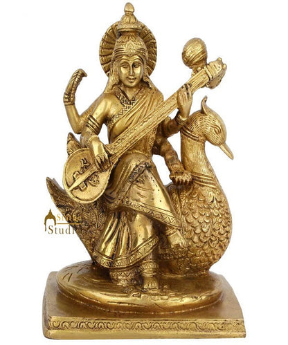 Indian Brass Hindu Wisdom Goddess Saraswati Idol On Swan Lucky Décor Statue 8" by vendor-unknown - Hindu Gods