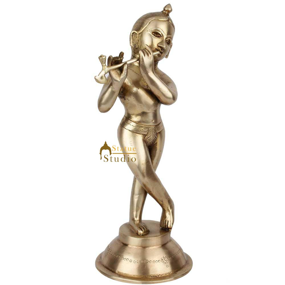 Antique Home Décor Lucky Gift Brass Hindu Lord Krishna Standing Statue Idol 12"