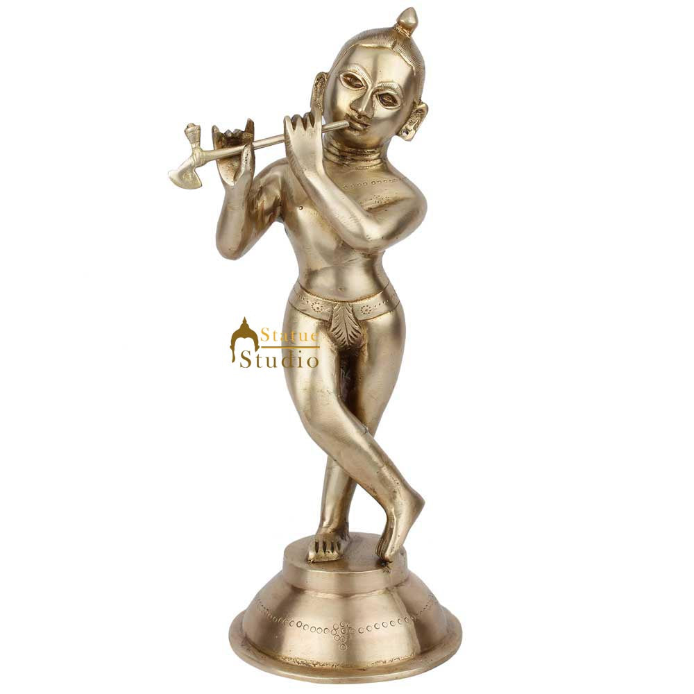 Antique Home Décor Lucky Gift Brass Hindu Lord Krishna Standing Statue Idol 12" - Eco-friendly - Sama Homes
