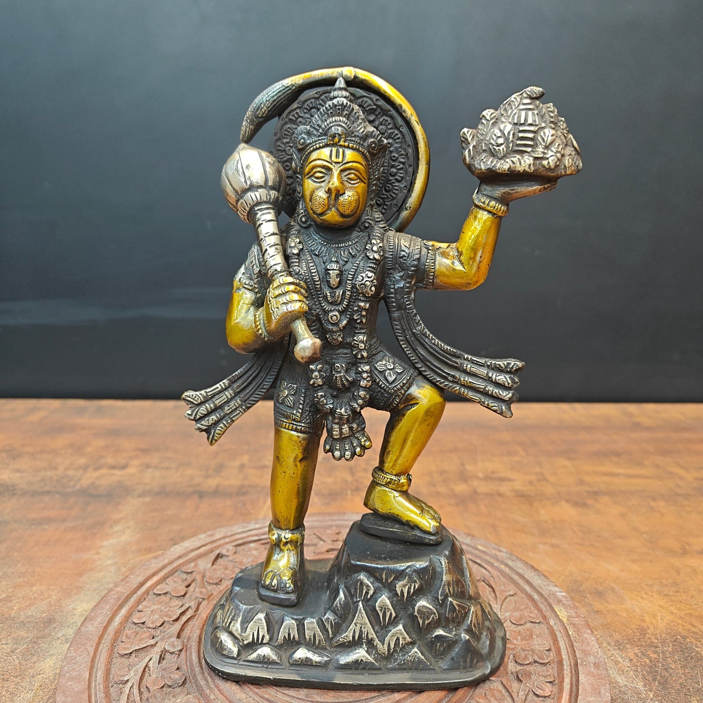 Brass Hanuman Idol Carrying Mountain Antique Finish 9"