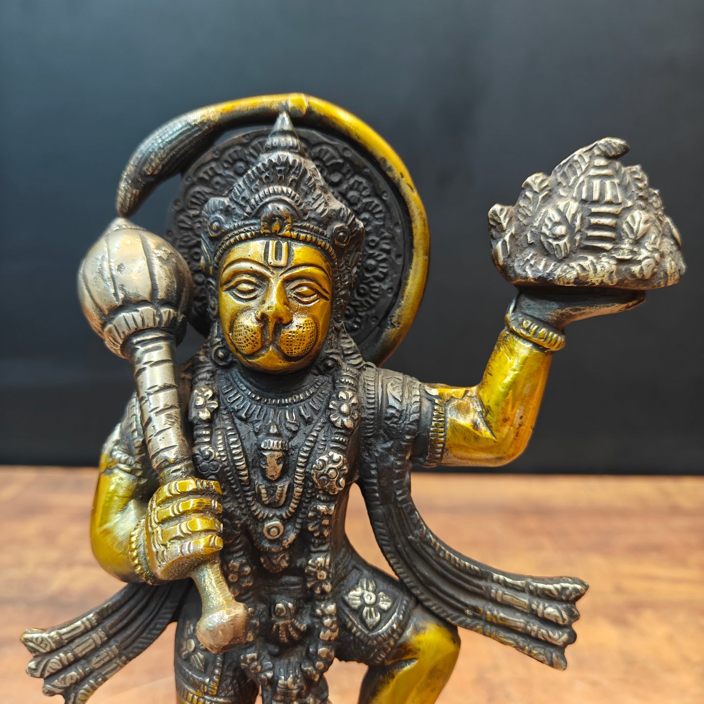 Brass Hanuman Idol Carrying Mountain Antique Finish 9"