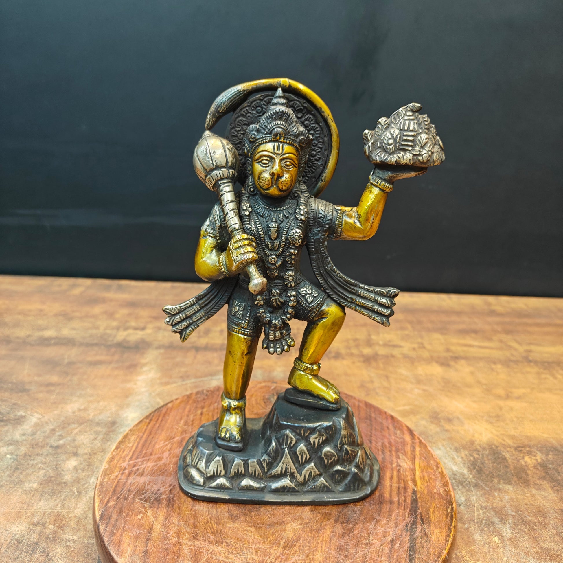 Brass Hanuman Idol Carrying Mountain Antique Finish 9" - Image 3