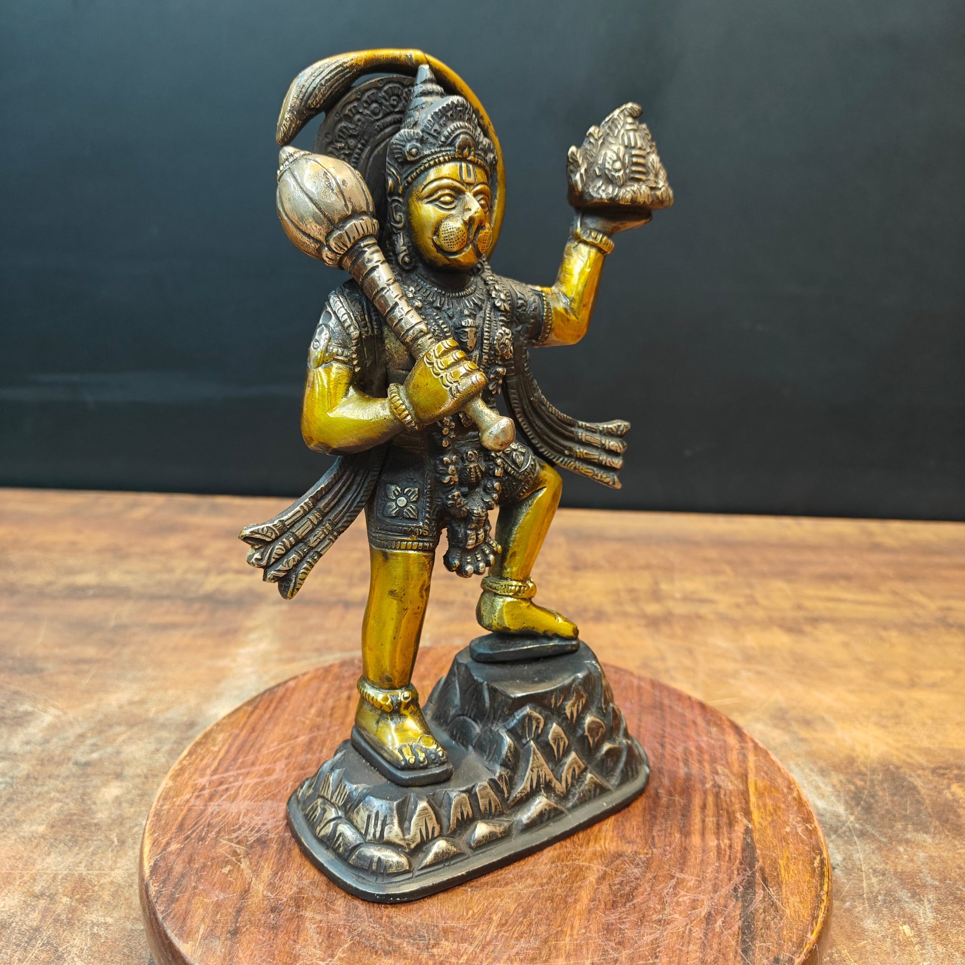 Brass Hanuman Idol Carrying Mountain Antique Finish 9" - Image 4