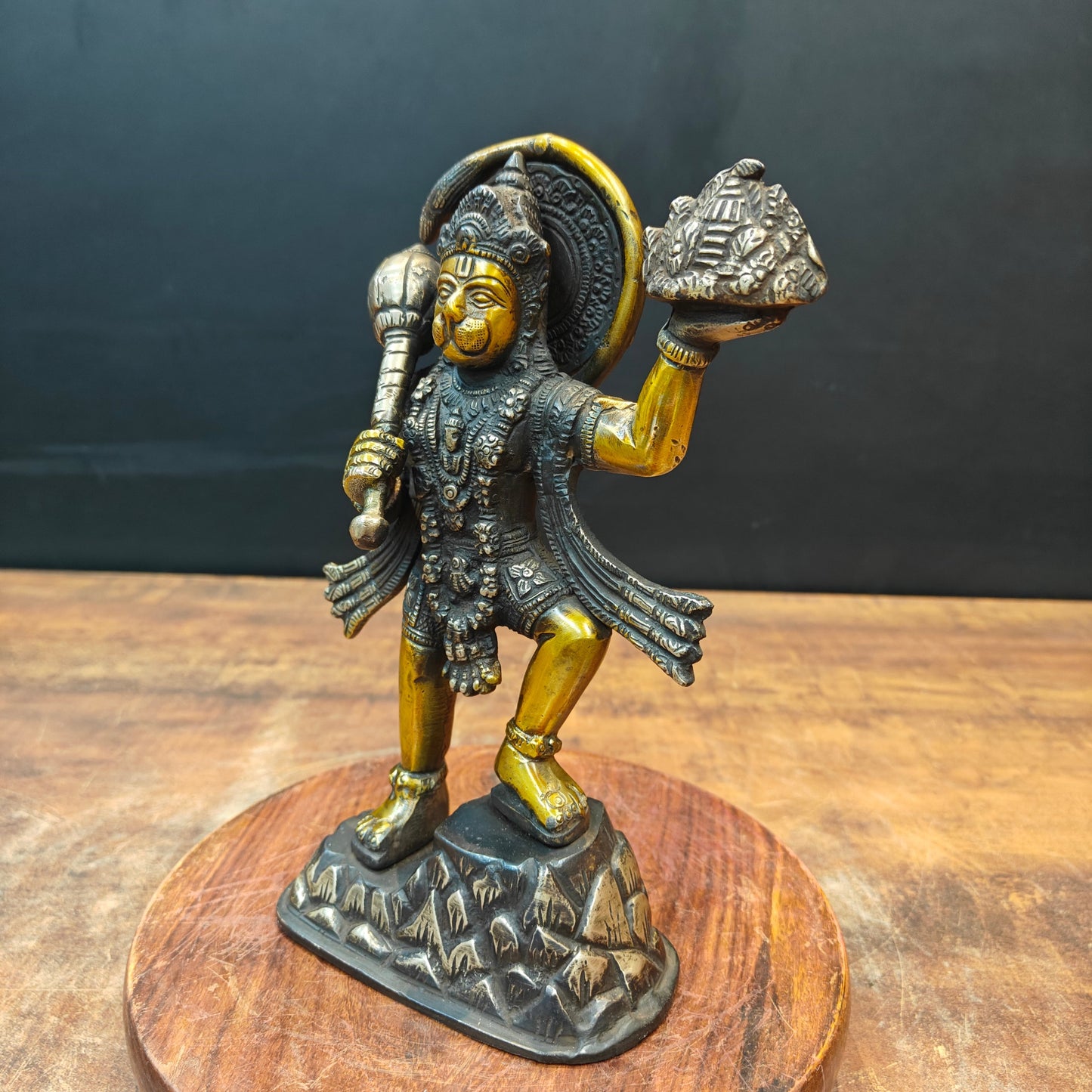 Brass Hanuman Idol Carrying Mountain Antique Finish 9"