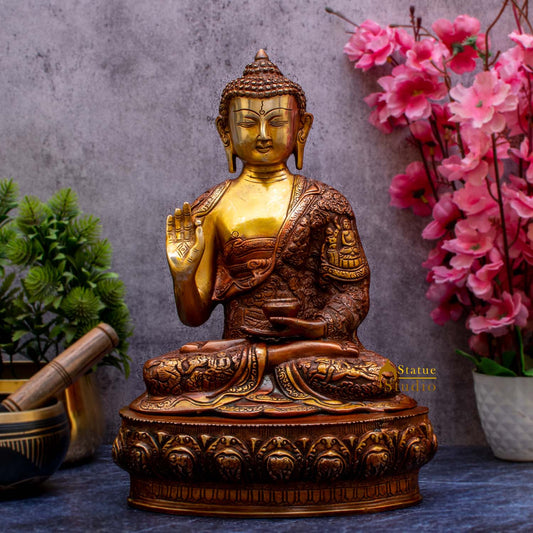 Brass Gautam Buddha Statue Antique Finish For Home Decor Showpiece 14"