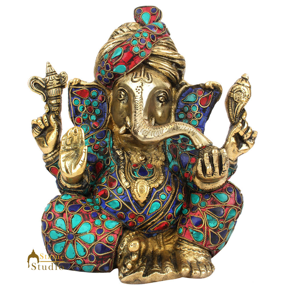 Indian Hindu God Turban Ganesha Lord Ganpati Idol Lucky Décor Gift Statue 7"