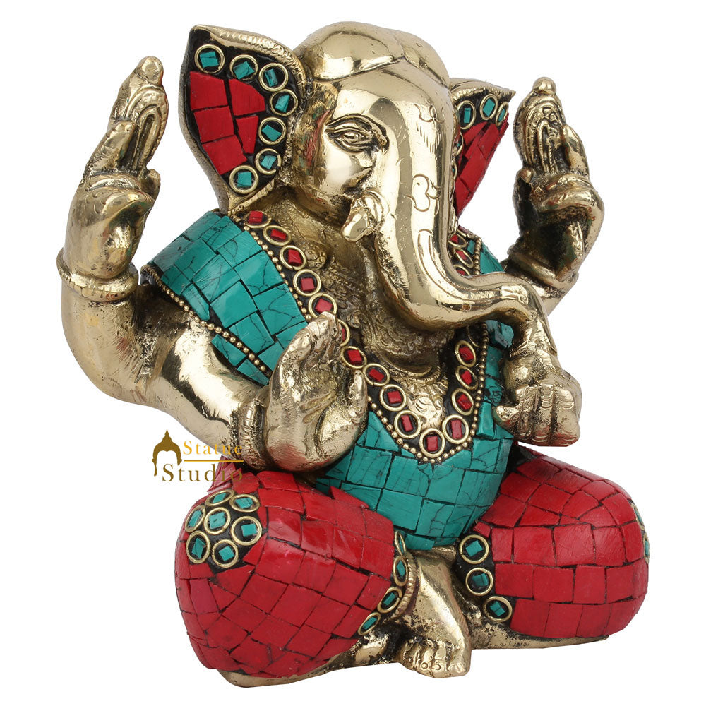 Brass Inlay Fine Ganpati Murti Lucky Wedding Décor Gift Ganesha Idol Statue 5" - Image 3