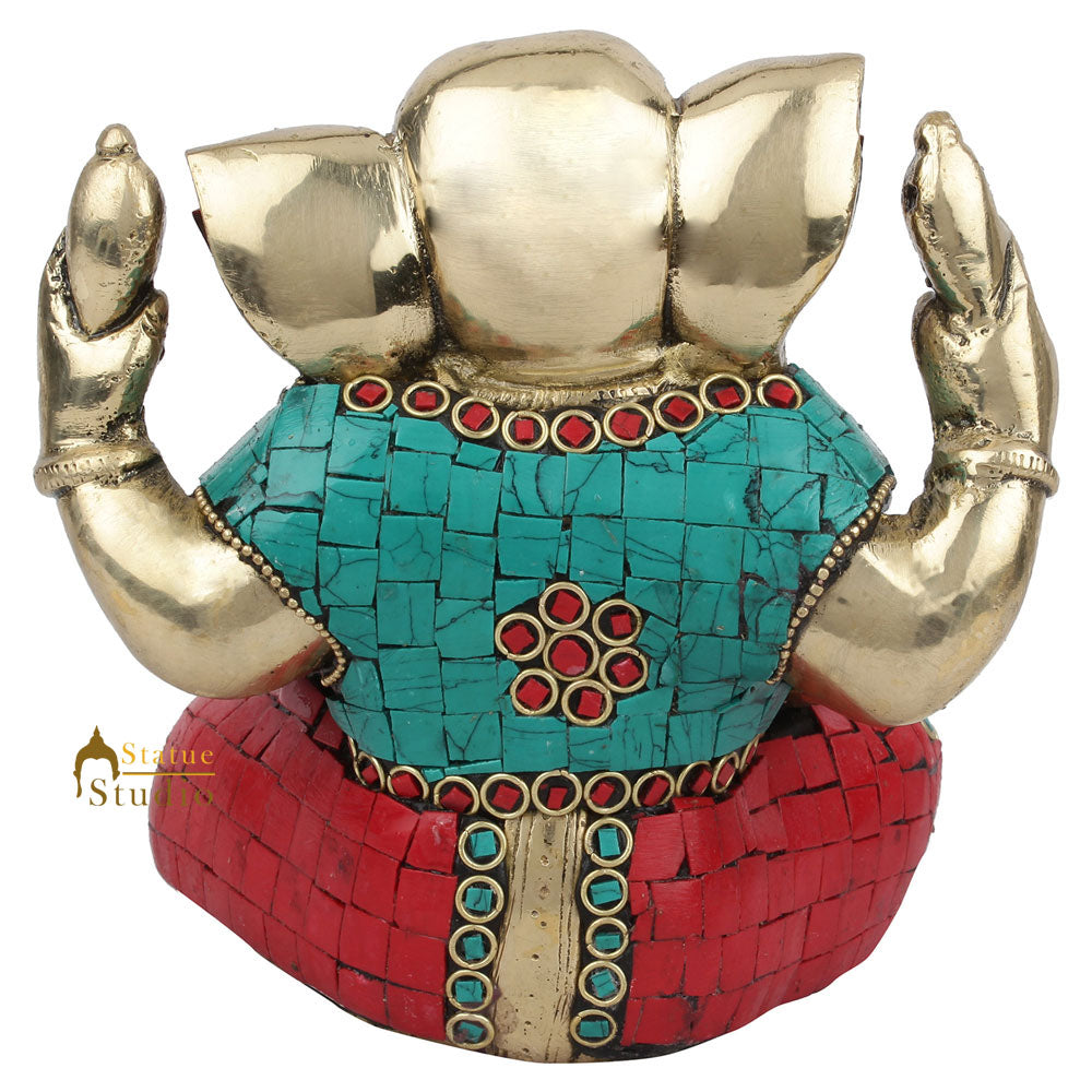 Brass Inlay Fine Ganpati Murti Lucky Wedding Décor Gift Ganesha Idol Statue 5" - Image 4