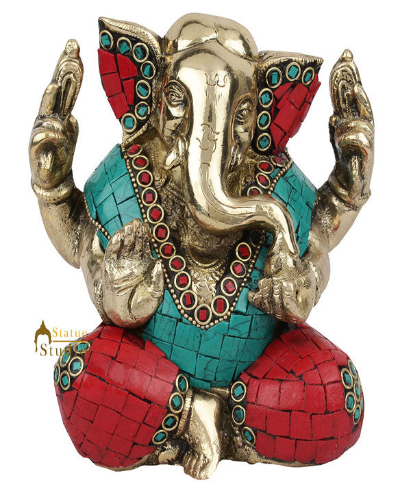 Brass Inlay Fine Ganpati Murti Lucky Wedding Décor Gift Ganesha Idol Statue 5"