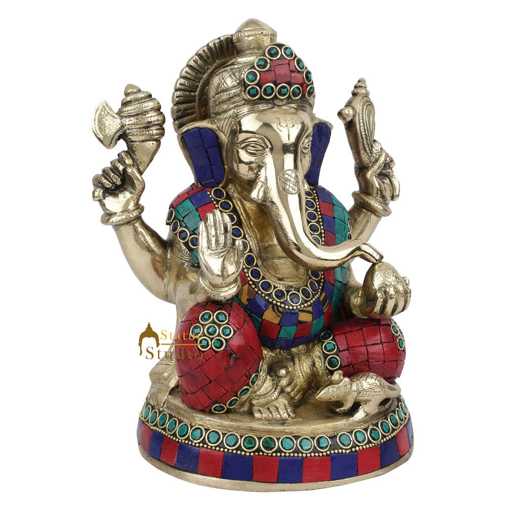 Brass Inlay Fine Ganpati Murti Lucky Corporate Décor Gift Ganesha Idol Statue 8" - Image 3
