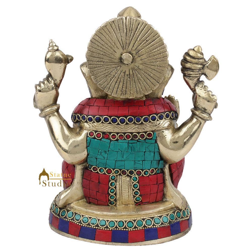 Brass Inlay Fine Ganpati Murti Lucky Corporate Décor Gift Ganesha Idol Statue 8" - Image 4