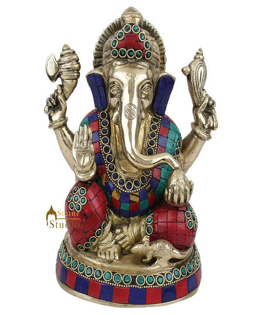 Brass Inlay Fine Ganpati Murti Lucky Corporate Décor Gift Ganesha Idol Statue 8"