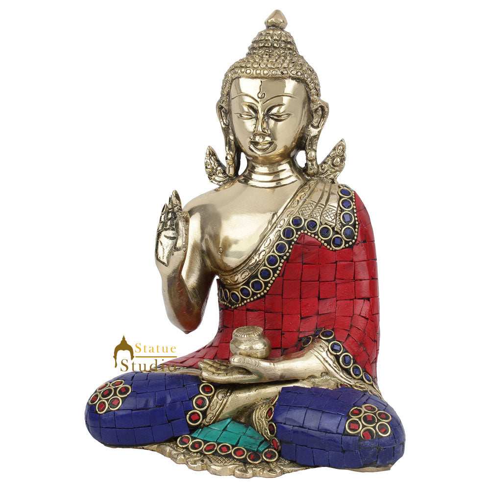 Brass Inlay Fine Tibetan Murti Lucky Corporate Décor Gift Buddha Idol Statue 7" - Image 3