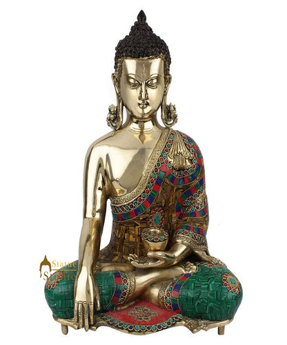 Fine Nepal Inlay Indian Brass Sakyamuni Kundal Buddha Décor Gift Statue Idol 16" by vendor-unknown - Buddha