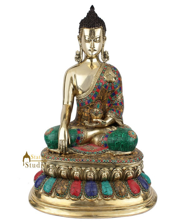 Fine Nepal Inlay Indian Brass Sakyamuni Kundal Buddha Décor Gift Statue Idol 20" - Eco-friendly - Sama Homes
