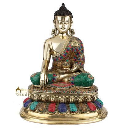 Fine Nepal Inlay Indian Brass Sakyamuni Kundal Buddha Décor Gift Statue Idol 20" by vendor-unknown - Buddha (View 2)