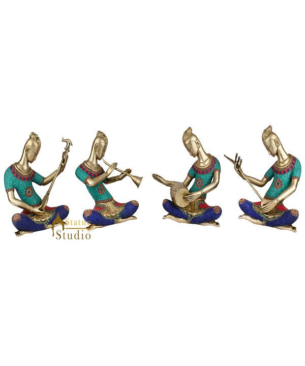 Brass Turquoise Coral Inlay Musical Set 4 pcs Décor Gift Showpiece Figurine 13" - Eco-friendly - Sama Homes