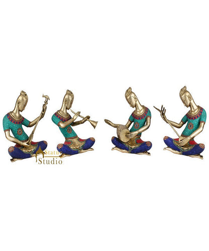 Brass Turquoise Coral Inlay Musical Set 4 pcs Décor Gift Showpiece Figurine 13" by vendor-unknown - Decor