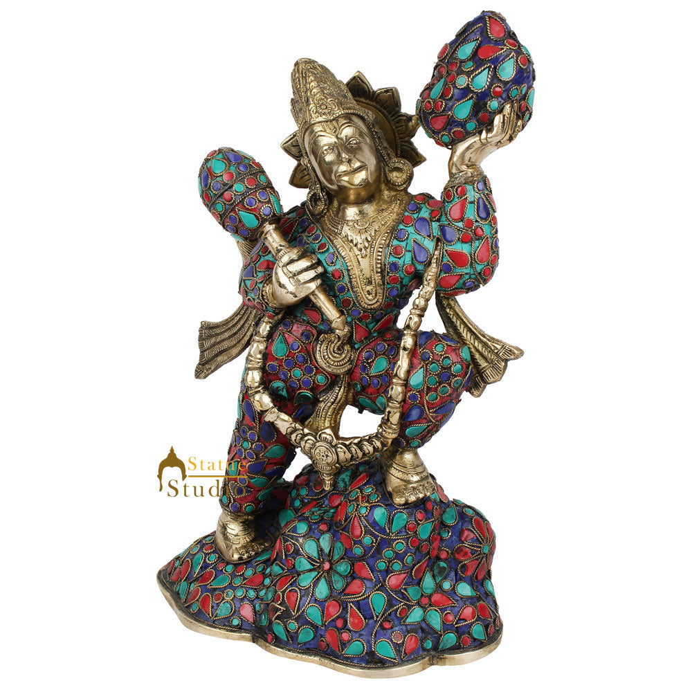 Brass Hanuman Idol Carrying Mountain Exclusive Stone Work For Home Decor 1 Feet - Image 3
