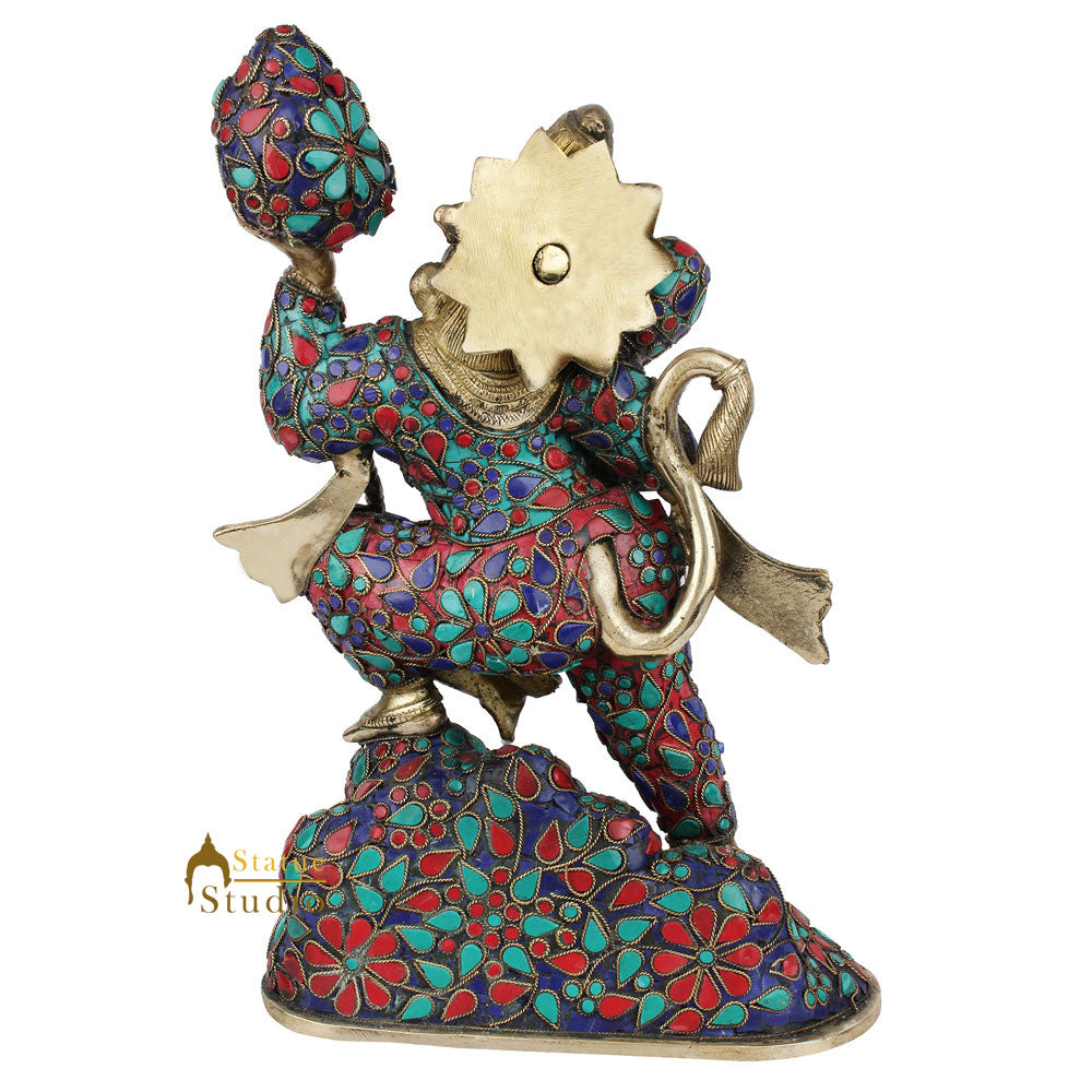 Brass Hanuman Idol Carrying Mountain Exclusive Stone Work For Home Decor 1 Feet
