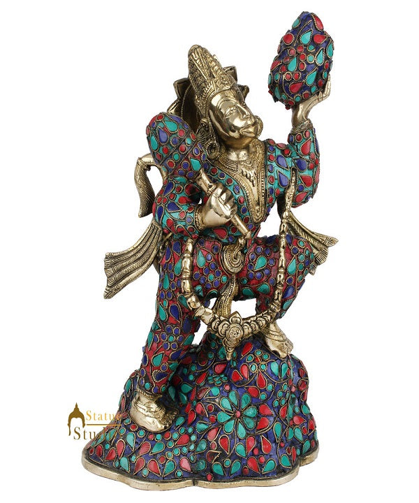 Brass Hanuman Idol Carrying Mountain Exclusive Stone Work For Home Decor 1 Feet