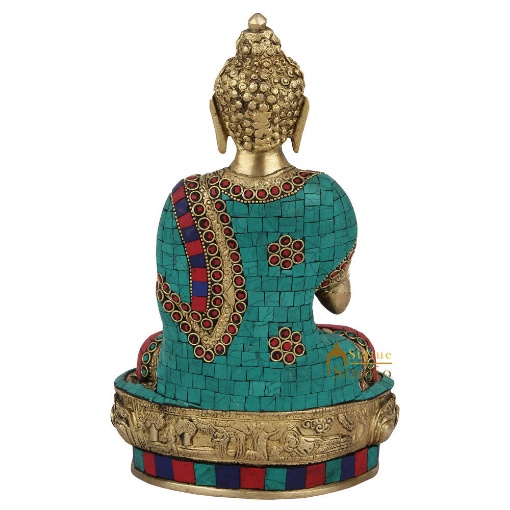 Indian Brass Handicraft Lord Buddha Blessing On Base Décor Gift Idol Statue 10"