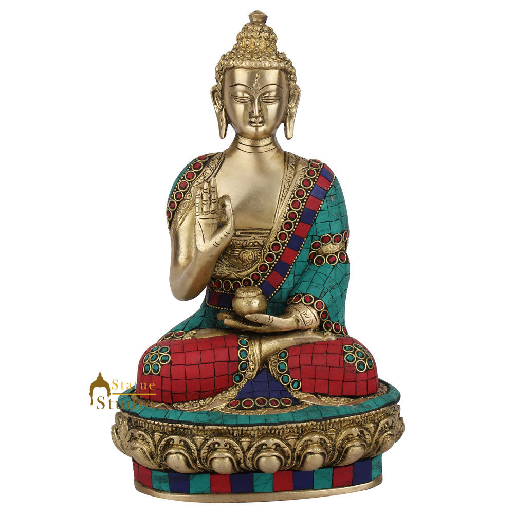 Indian Brass Handicraft Lord Buddha Blessing On Base Décor Gift Idol Statue 10" - Eco-friendly - Sama Homes