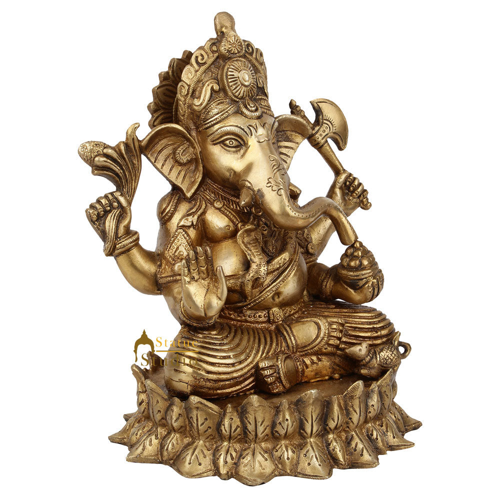 Indian Handmade Lord Ganpati Murit On Lotus Base Ganesha Décor Gift Statue 9" - Image 3