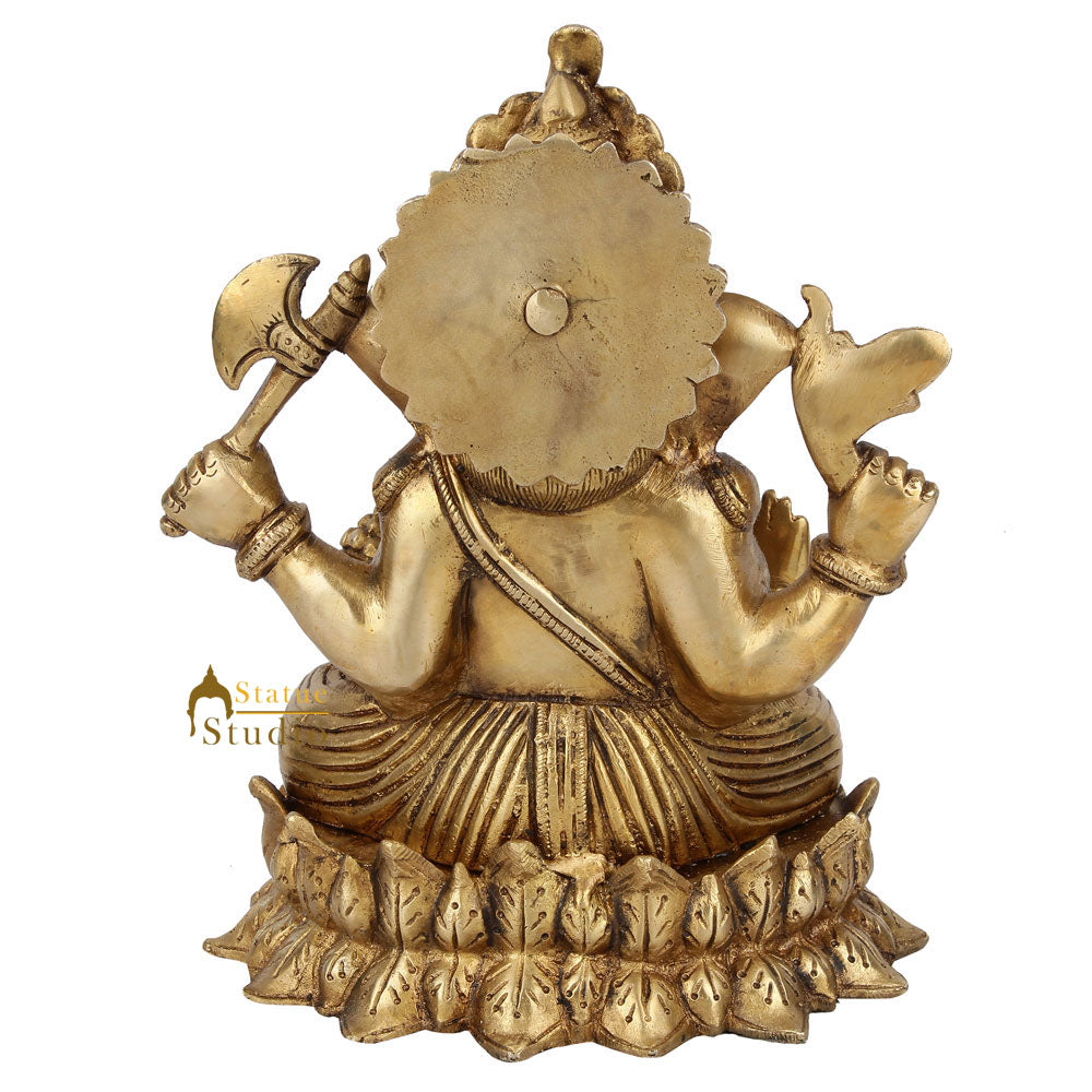 Indian Handmade Lord Ganpati Murit On Lotus Base Ganesha Décor Gift Statue 9" - Image 4