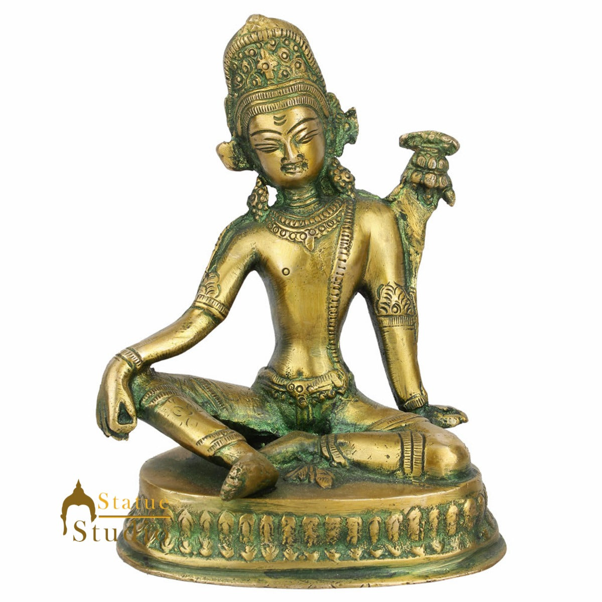 Antique Green Indian God Indra Murti Sitting On Base Inder Idol Statue Figure 6" - Image 3