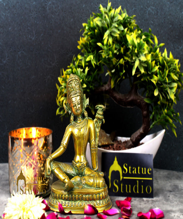 Antique Green Indian God Indra Murti Sitting On Base Inder Idol Statue Figure 6" - Image 2