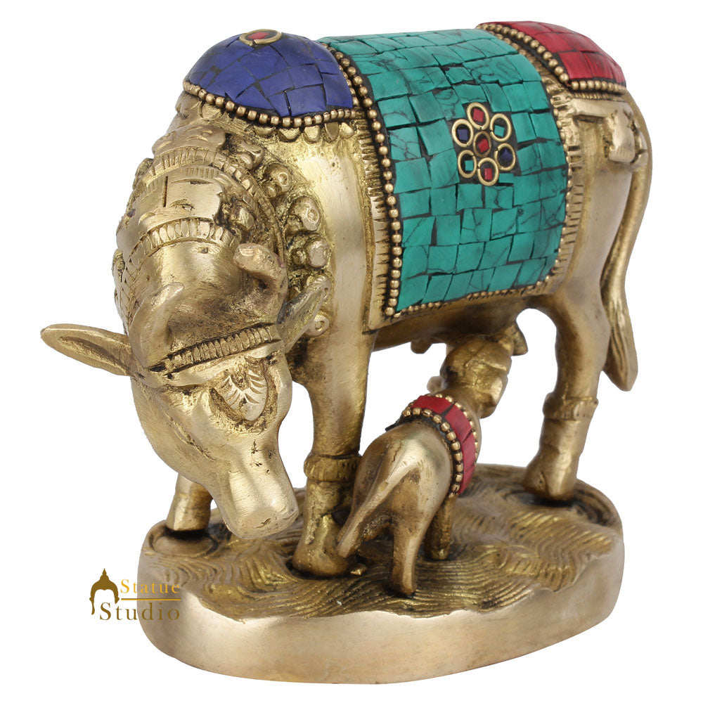 Indian Hindu Holy Sacred Cow Calf Statue Temple Décor Lucky Gift Murti Inlay 4" - Image 3