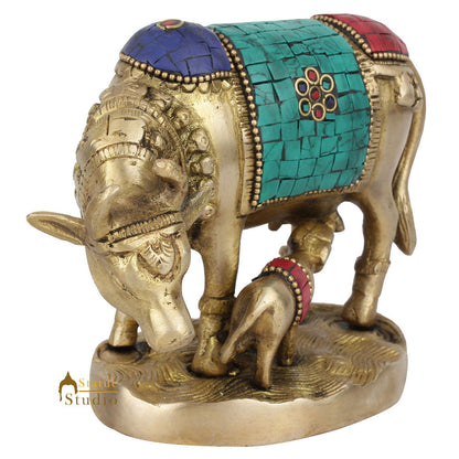 Indian Hindu Holy Sacred Cow Calf Statue Temple Décor Lucky Gift Murti Inlay 4" by vendor-unknown - Spiritual (View 3)