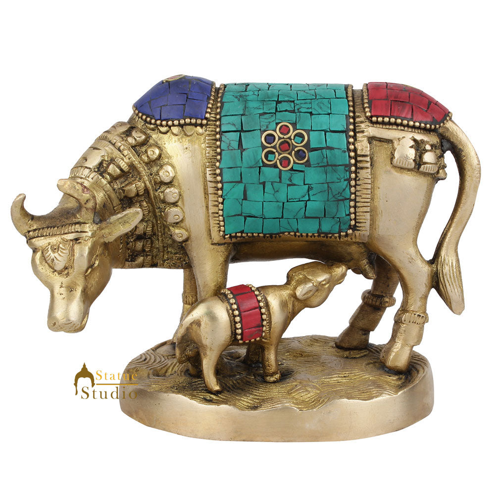 Indian Hindu Holy Sacred Cow Calf Statue Temple Décor Lucky Gift Murti Inlay 4" - Eco-friendly - Sama Homes