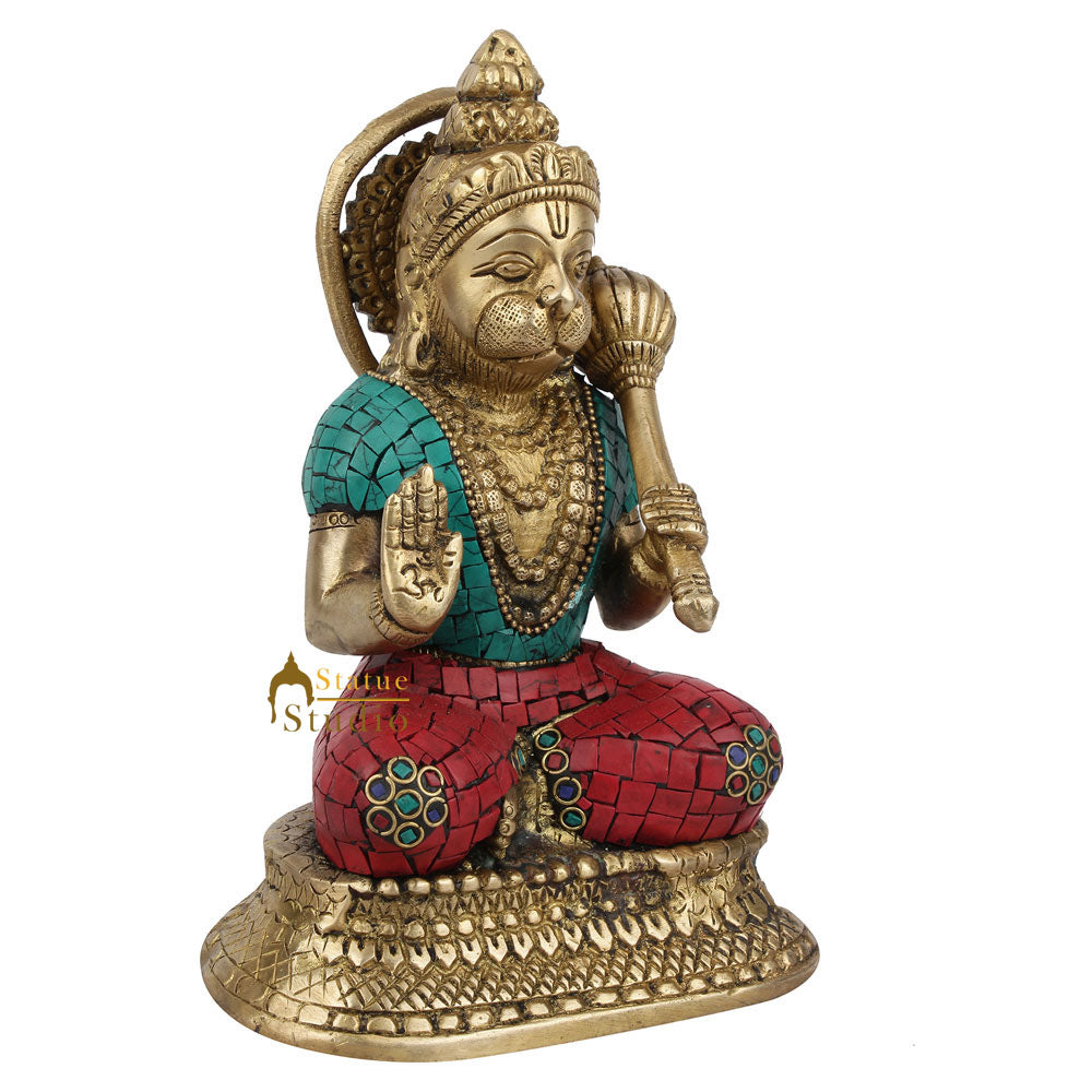 Brass Sitting Hanuman Idol Stone Work For Home Decor Showpiece 7" - Image 3