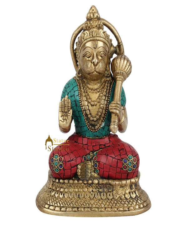 Brass Sitting Hanuman Idol Stone Work For Home Decor Showpiece 7" - Image 2