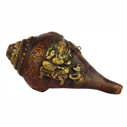Brass handcrafted sculpture fine shankh cooch ganesha engraved showpiece 5" by vendor-unknown - Spiritual (View 2)